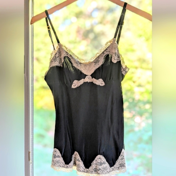 Express Design Studio Silk Blend Lace Cami Tank Top Black Cream Vtg Y2K XS - Picture 1 of 8